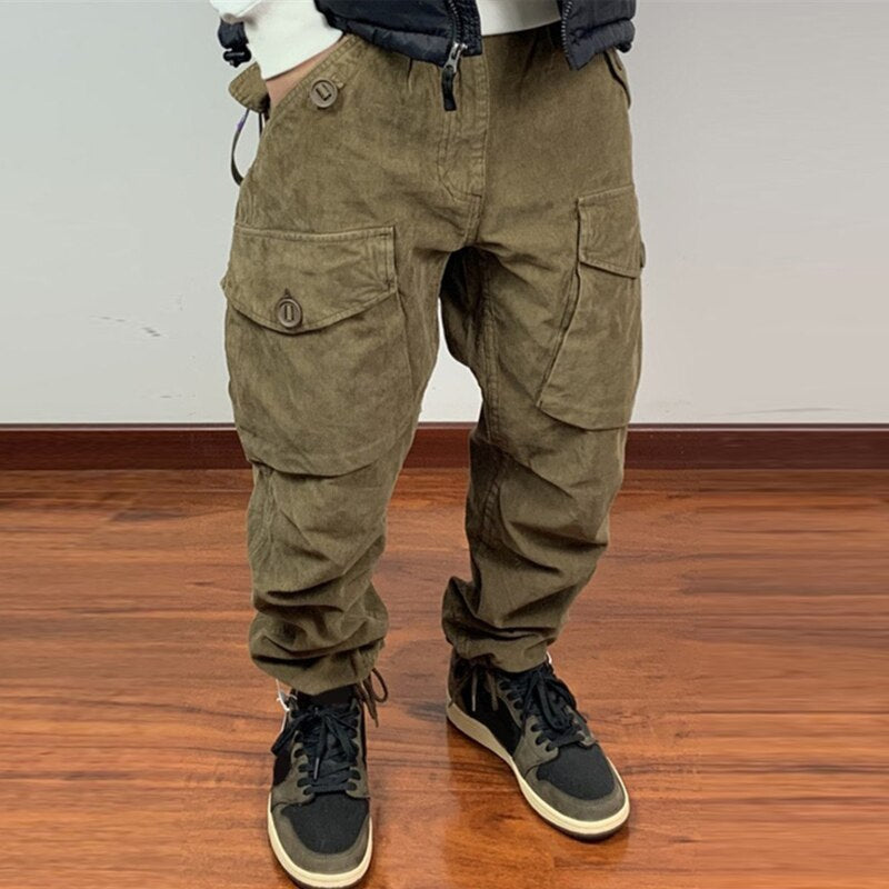 Bonsir Fashion Streetwear Cargo Pants Men Vintage Multi Pockets Loose Solid Corduroy Pants Mens Autumn Casual Zipper Mid Waist Trouser