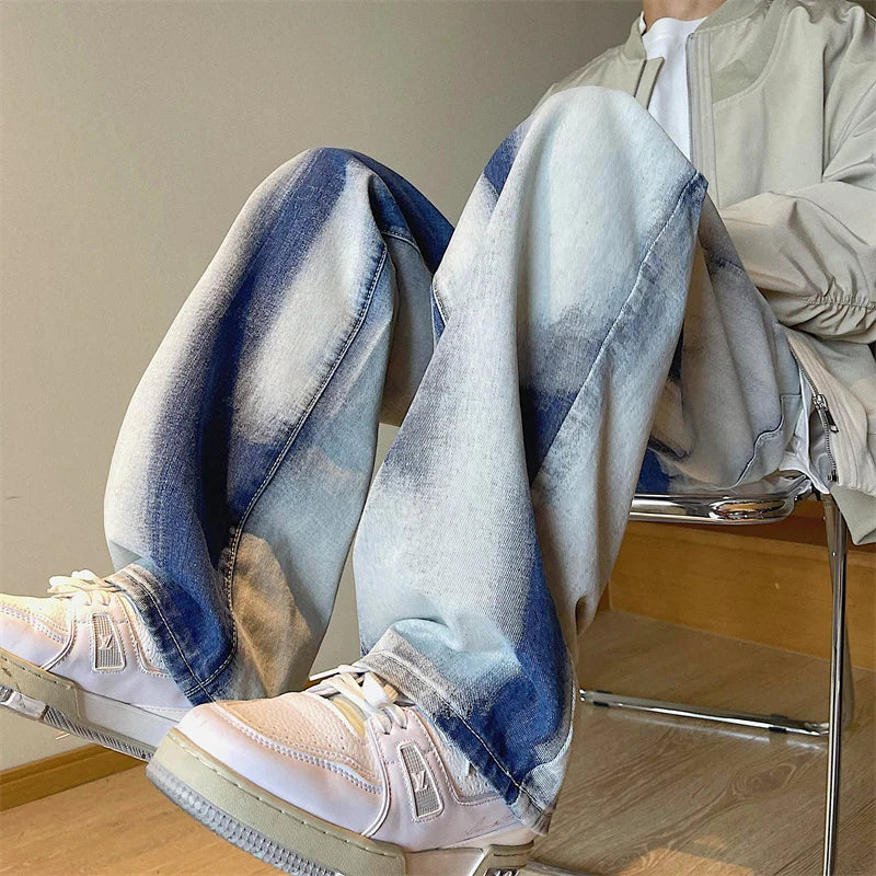 sanyamk Young Men's Tie-dye Loose Straight Jeans Street Hip-hop Baggy Wide-leg Pants Korean Style Fashion Skateboard Casual Pants