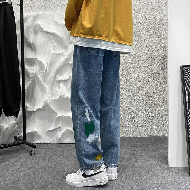 sanyamk Blue Denim Pants Men Graffiti Jeans New Straight Jean Pants Man Casual Baggy Neutral Denim Trousers Men's and Women's Pants