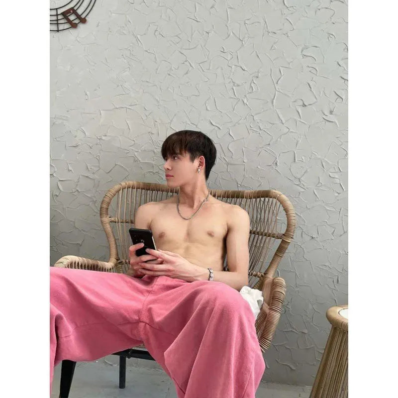 sanyamk Fashion Pink Pants Men's Jeans Loose Streetwear Baggy Denim Trousers Male Straight Bottoms Korean Style Trousers Hip Hop