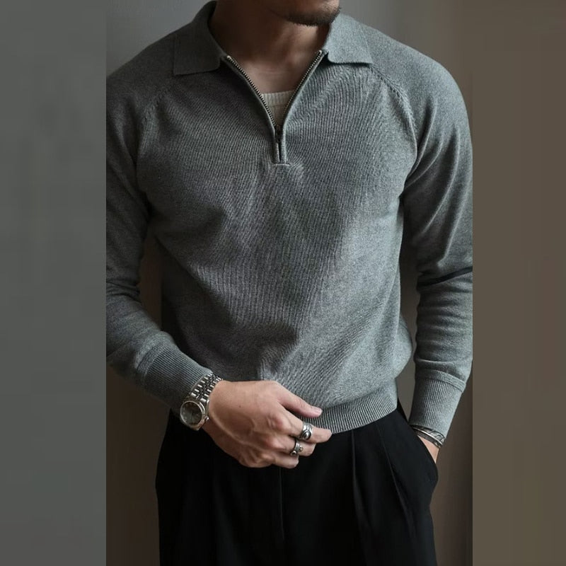 sanyamk 2YK Vintage Solid Zip Sweaters Autumn Streetwear New Long Sleeve Business Polos Solid Jumper Men Knit Pullover Clothing