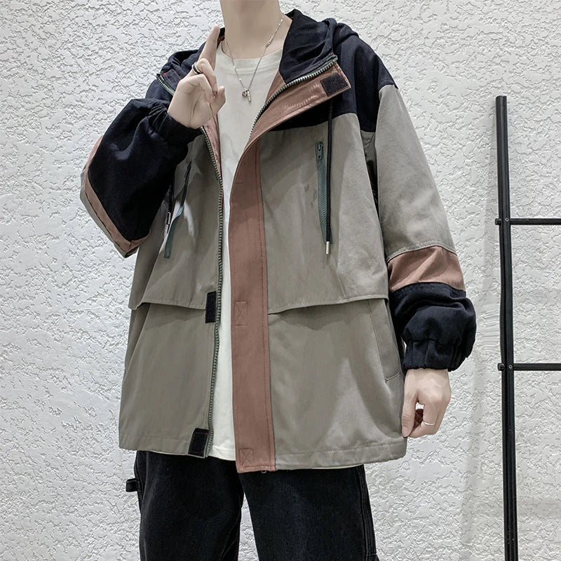 BONSIR - Korean Men Spring Autumn Bomber Jackets Mens Patchwork Casual Jacket Coat Fashion Hooded Zipper Workwear jacket Outerwear