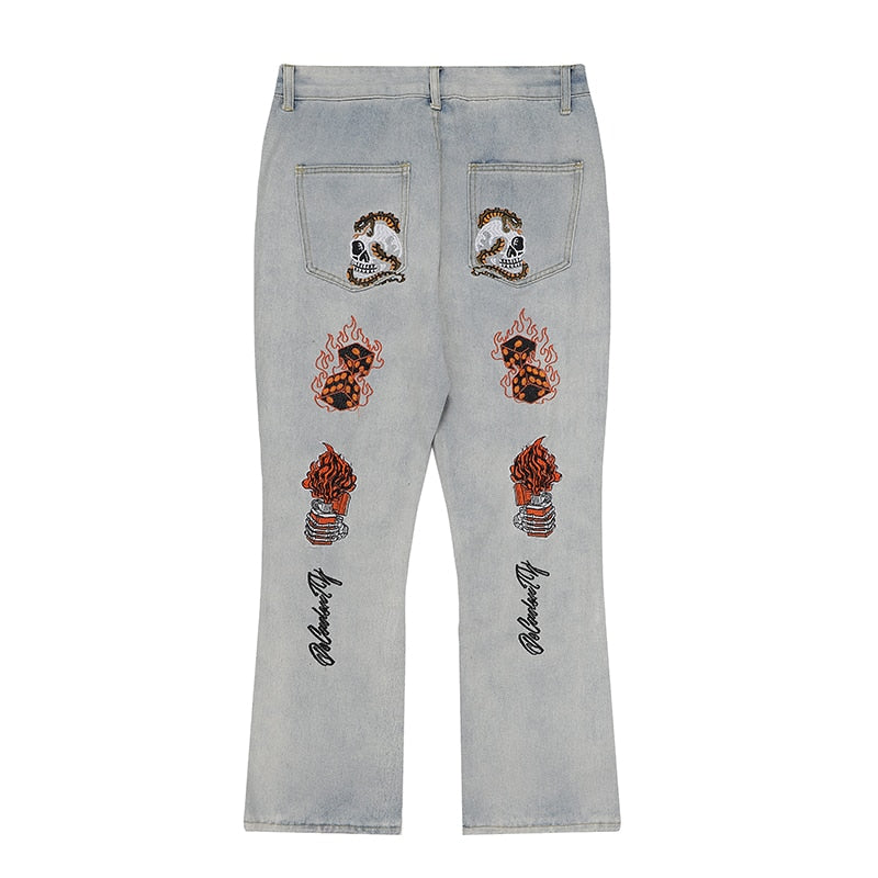 sanyamk High Street Flame Skull Embrodiery Vintage Denim Trousers Men's Distressed Washed Straight Baggy Oversized Jeans Pants