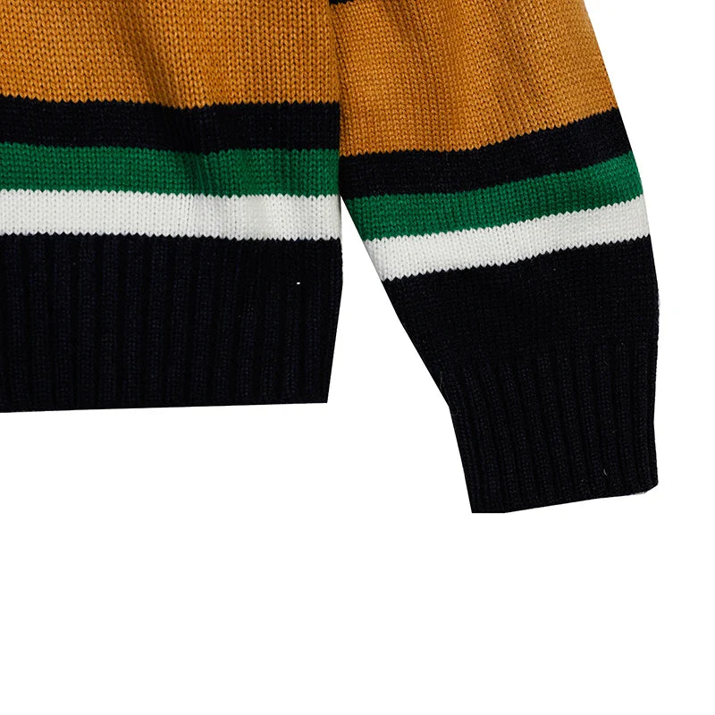 sanyamk Japan Style Vintage Sweater Men Contrast Color Striped Loose Knitted Pullover Casual pull homme Young Man Streetwear Clothing