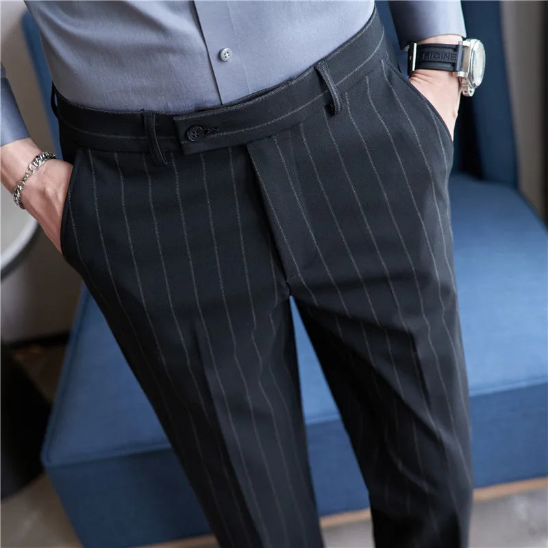 sanyamk England Style Men's Casual Striped Suit Pants Stretch Business Casual Long Slim Fit Trousers Black Blue Pencil Pants for Man