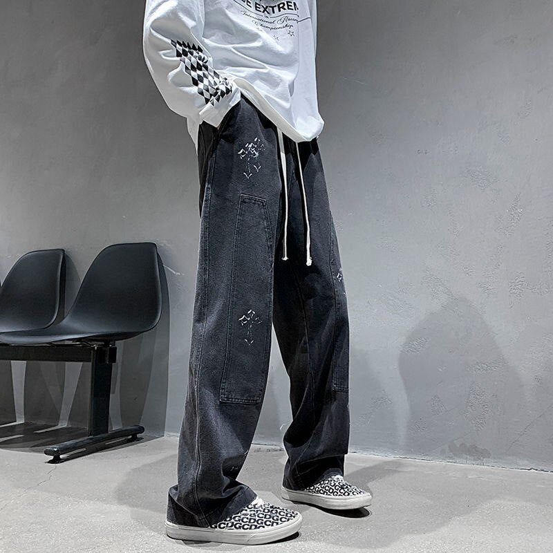 sanyamk Washed Blue Mopping Jeans Men Hiphop Casual Loose Straight Wide Leg Printed Cross Overalls Casual Denim Trousers Four Seasons