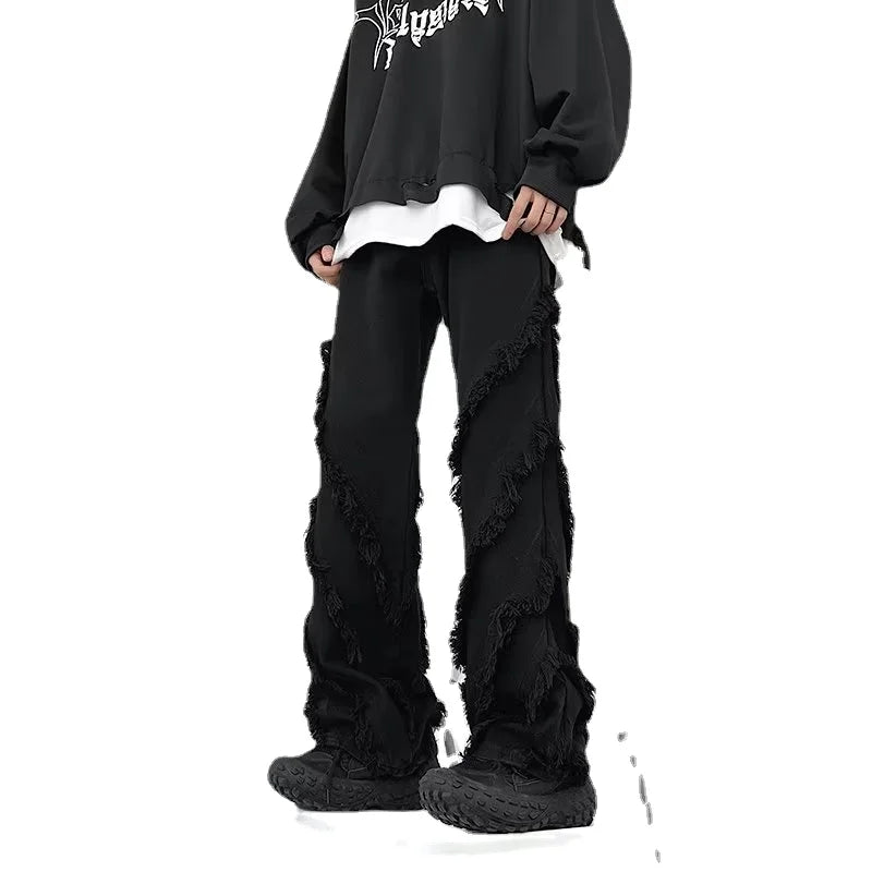 sanyamk Gothic Style Factory Tassels Versatile Slim Edge Washed Denim Casual Flare Men Pants Darkwear Solid Color Male Trousers