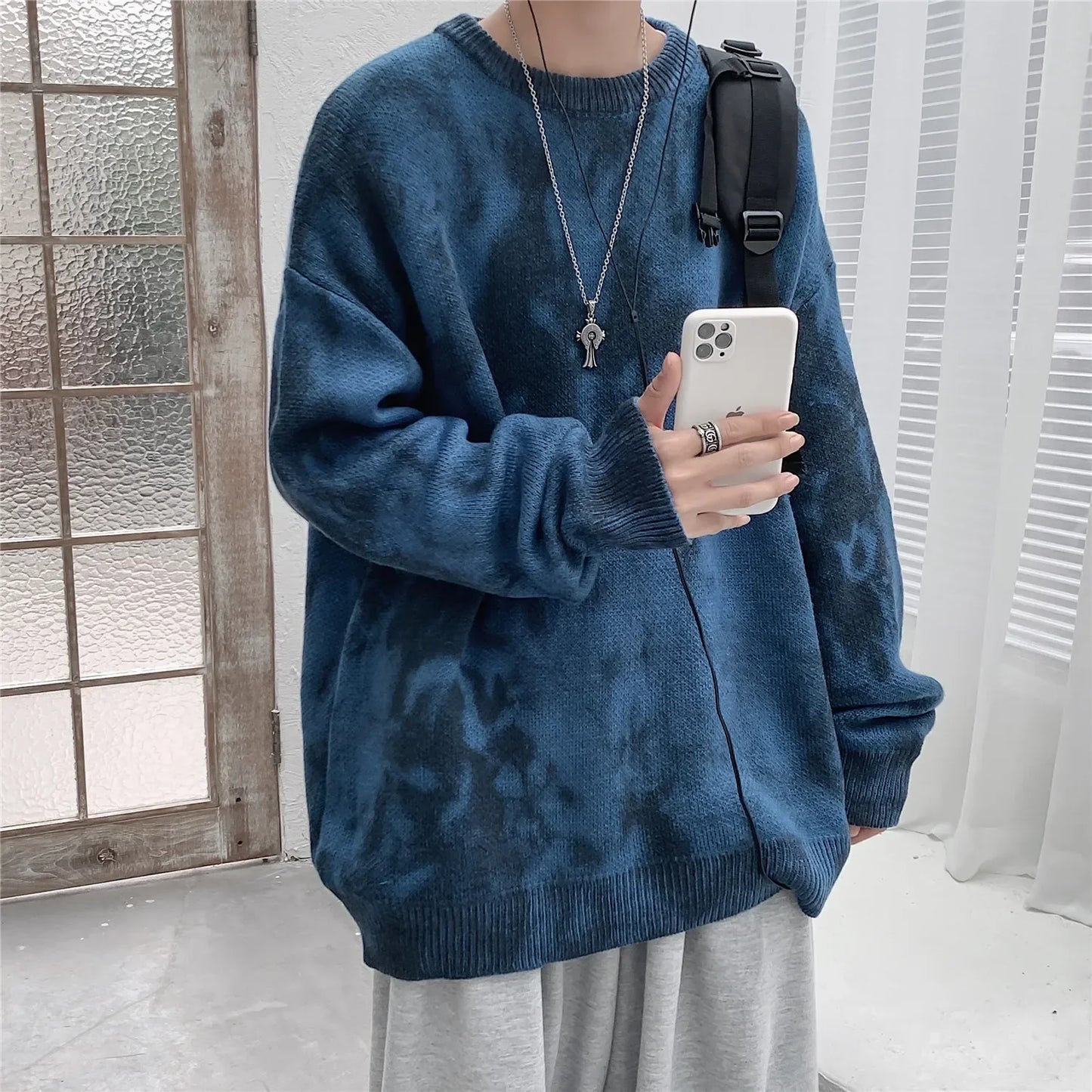 BONSIR - Autumn/Winter New Tie Dye Gradient Printing Sweater Men's Knitwear Loose Round Neck Large Men's Pullover