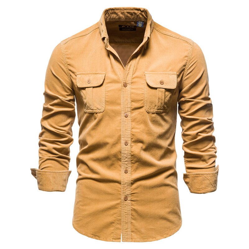 Bonsir Men's Shirt Cotton Lapel Casual Spring Autumn Corduroy Shirts for Men Slim Solid Color Shirts Long Sleeve Tops EU Size