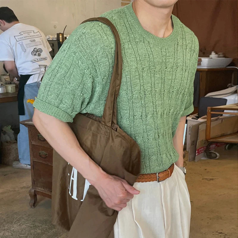 sanyamk - Summer Handsome Well Fitting Tops 2024 New Men Knitted O-Neck Simple Daily T-shirts Casual Fashion Solid Short Sleeve B102