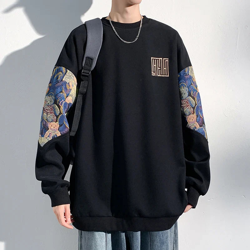 sanyamk - Autumn New Men's Sweatshirts Bear Parttern Patchwork Oversized Male Clothing Embroidery Design Round Neck Pullover Tops