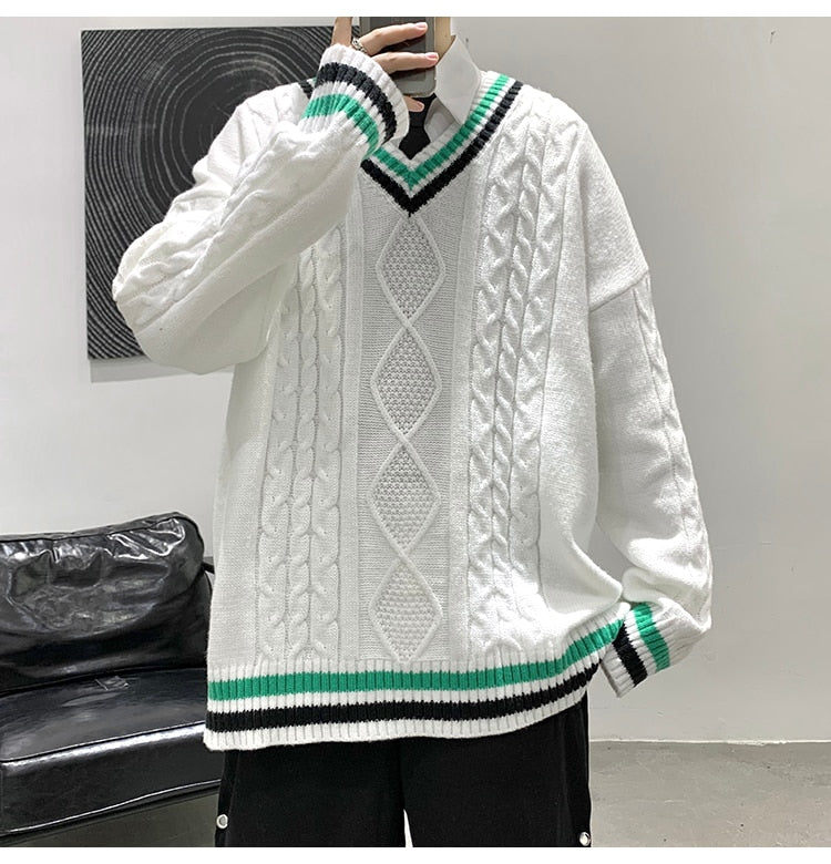 Bonsir Winter V-neck Sweater Men New Patchwork Color Knitted Sweater Pullover Harajuku Couple Streetwear Loose Knitwear Oversized 2XL