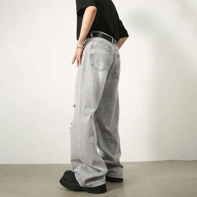 sanyamk Ripped Jeans Men High Street Male Hip Hop Distressed Denim Wide Leg Pants Casual Trousers Vintage Streetwear Loose