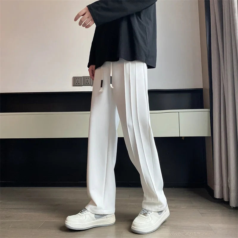 BONSIR - Mens Casual Long Straight Pants Solid Wide Leg Stretch Waist Sweatpants Side Stitching Waterfall Trousers Male Black White