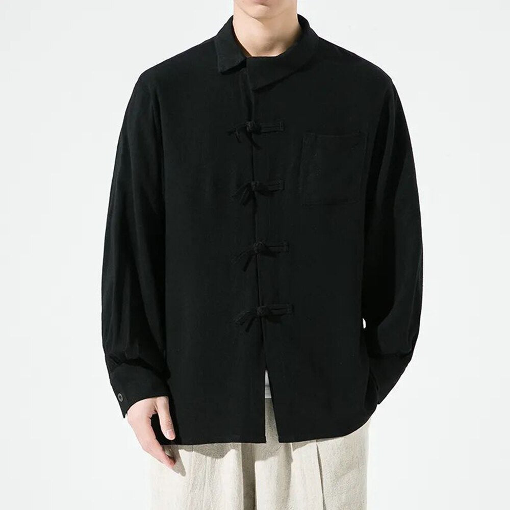 sanyamk Chinese Style Men's Buttoned Cotton and Linen Shirt Loose Retro Style Chinese Style Linen Tang Suit Zhongshan Long-sleeved Shirt