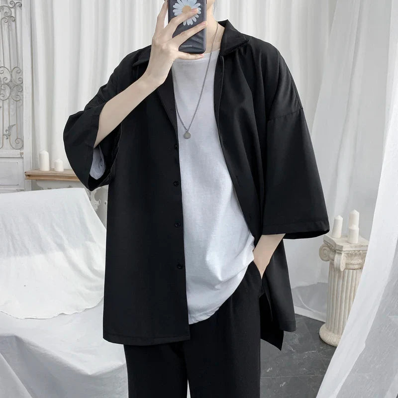 Bonsir Simple Solid Shirts Men Clothing Korean Loose Shirt Streetwear Chemise Homme Summer Half Sleeve Shirt Flat Collar Casual Tops