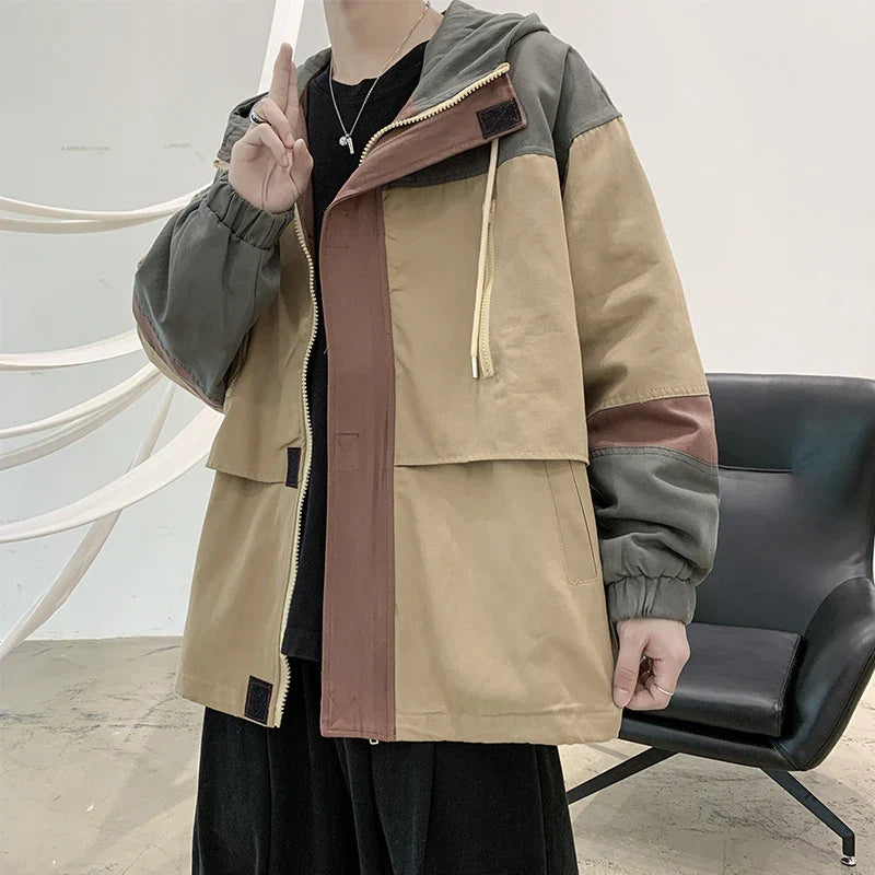 BONSIR - Korean Men Spring Autumn Bomber Jackets Mens Patchwork Casual Jacket Coat Fashion Hooded Zipper Workwear jacket Outerwear