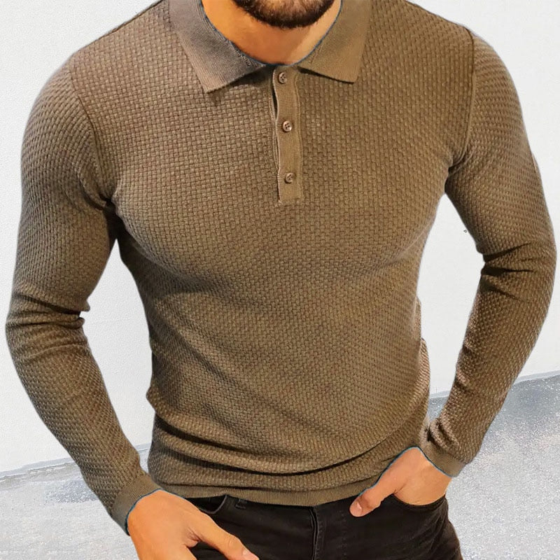Bonsir Fall Men Polo Shirts Knitted Slim Elastic Long Sleeve Tops Vintage Solid Color Turn-down Collar Buttoned Pullover Men's T-Shirt