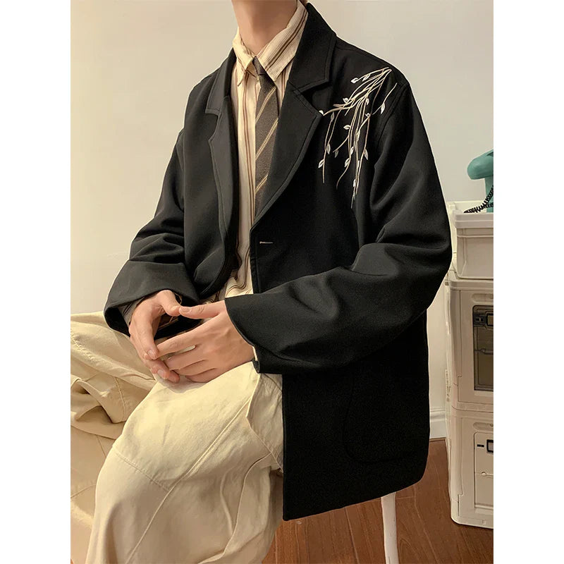 sanyamk Casual Blazers Men Orchid Embroidery Solid Color Single Breasted Suit Jackets Japan Style Notched Collar Popular Interview Suits