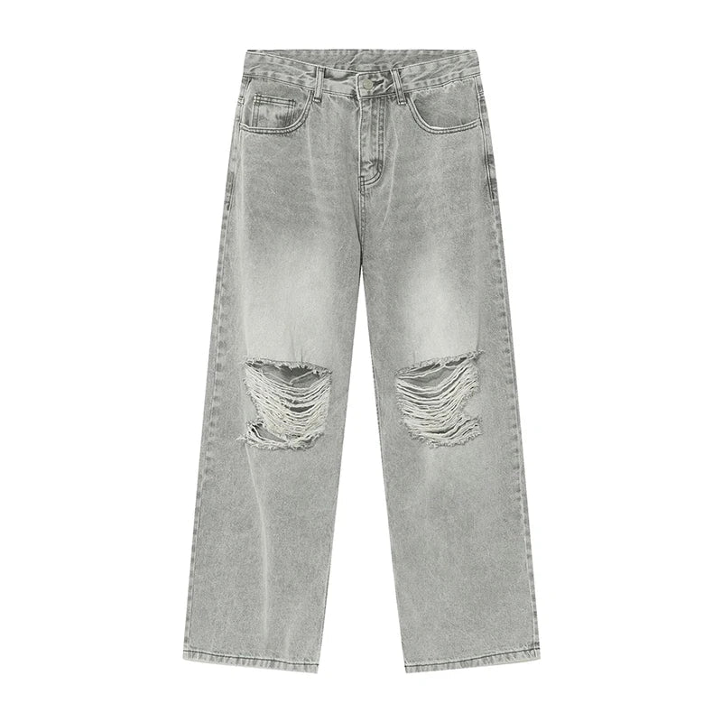 sanyamk Ripped Jeans Men High Street Male Hip Hop Distressed Denim Wide Leg Pants Casual Trousers Vintage Streetwear Loose