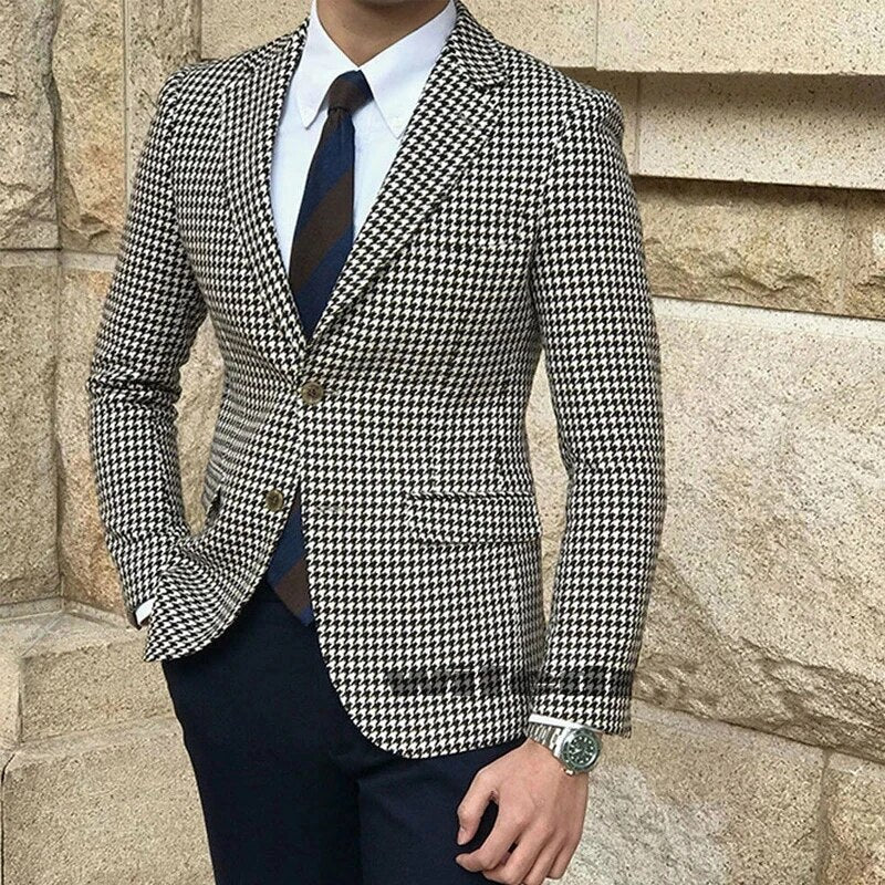 sanyamk Double Breasted Houndstooth Blazer for Men Peaked Lapel Custom Made Wedding Suit Jacket Male Fashion Coat