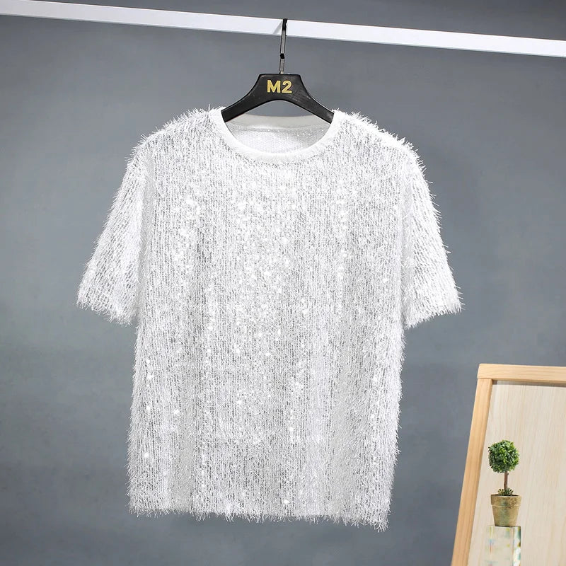 sanyamk - Men Women Sequin Tassels Stage Fashion Show Loose Casual Short Sleeve Tee Shirts Unisex T-shirt Party Clothing Couple Tshirts