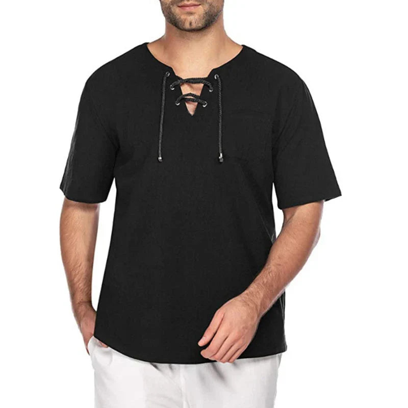 sanyamk - Summer Daily Leisure Cotton Linen T Shirt Men Vintage Drawstring V Neck T-shirts Casual Solid Color Short Sleeve Mens Pullovers