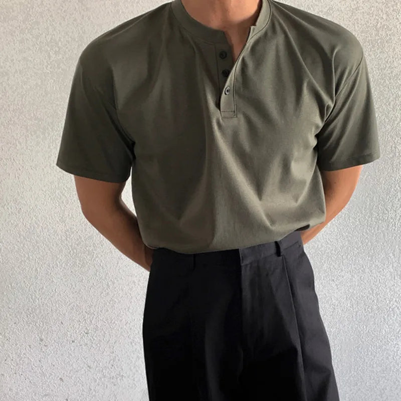 sanyamk - Minimalist New Summer Men's T-shirts Loose Round Neck Short Sleeve Buttons Solid Color Casual Male Tees Fashion 9C6495
