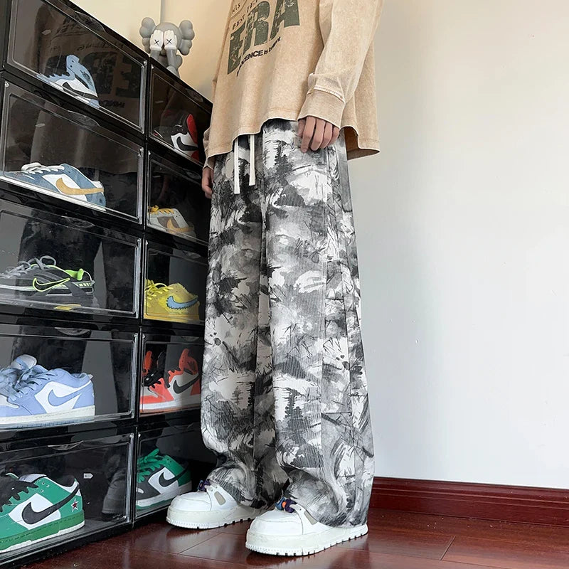 Bonsir Korean Style Tie-dye Print Casual Pants Black Mopping Trousers Men Autumn Fashion Streetwear Pants Unisex Plus Size 5XL-M