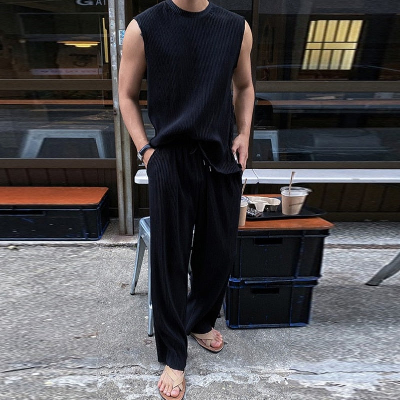 sanyamk Men Striped 2Pc Set Streetwear Casual Beach Tracksuit For Man Outdoor Sleeveless Crew Neck Crop Top+Drawstring Long Pants Suits