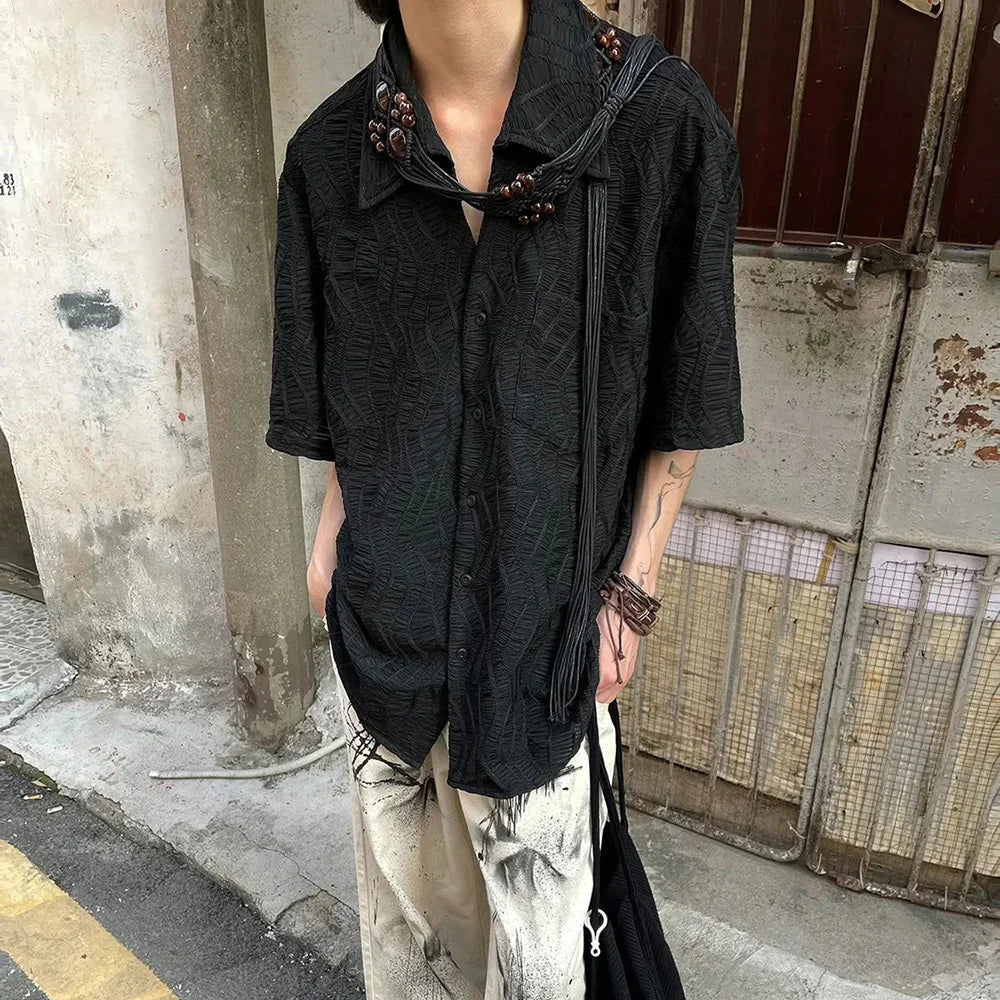 sanyamk Retro Pleated Short Sleeve Shirt Summer New Cuban Collar Jacquard Design Shirts Top Solid Button Neutral Blouse