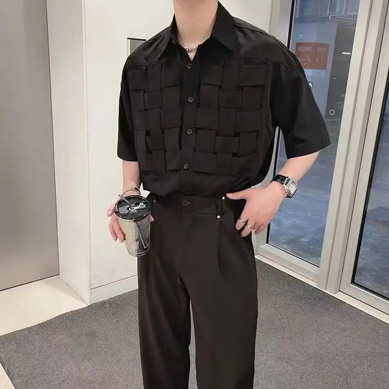 sanyamk Vintage Weaving Shirts For Men Long/Short Sleeve Lapel INS Trend Tops Streetwear New Spring Summer Fashion Casual Loose Shirts