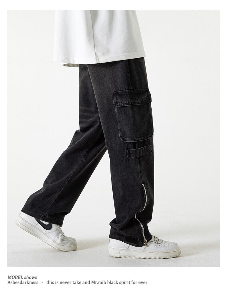 Bonsir Baggy Cargo Jeans big pocket Trousers Male Denim Pants Flared Pant women's Jeans Loose Casual Streetwear Hip Hop Harajuku