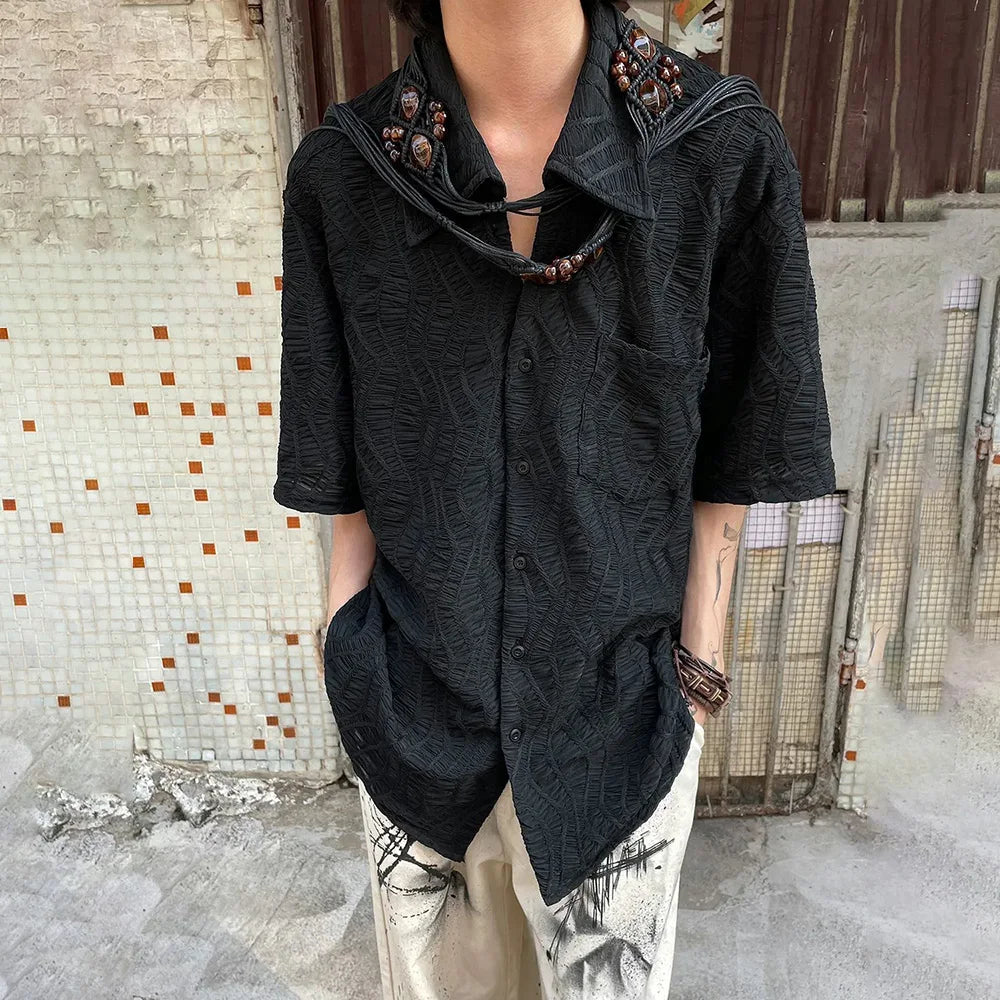 sanyamk Retro Pleated Short Sleeve Shirt Summer New Cuban Collar Jacquard Design Shirts Top Solid Button Neutral Blouse
