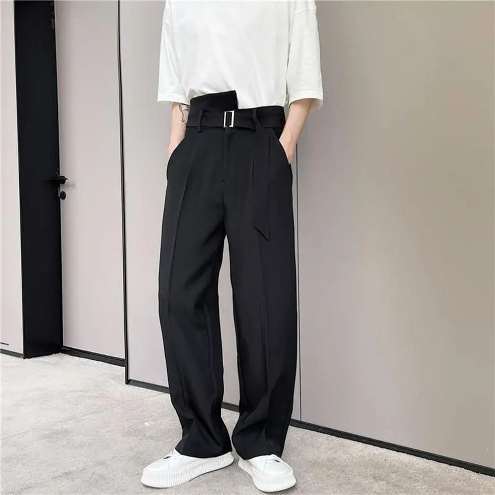 Bonsir New Trend Loose Wide Leg Fashion Suit Pants Men High Waist Casual Pants Korean Ribbon Belt Streetwear Hip Hop