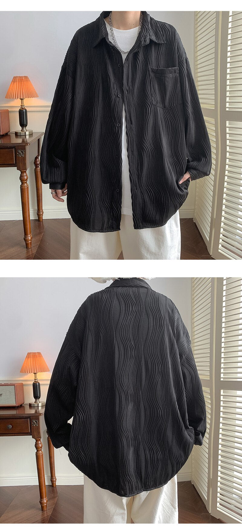Bonsir Autumn Pleated Shirt Men Fashion 4-color Casual Ice Silk Shirt Mens Japanese Loose Long-sleeved Shirt Mens Large Size M-5XL