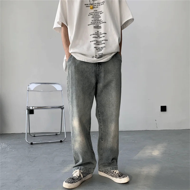 sanyamk Lazy Style Men Jeans Korean Hip Hop Patchwork Oversized Straight Jean Pants Streetwear All-match Denim Pants Light blue jeans