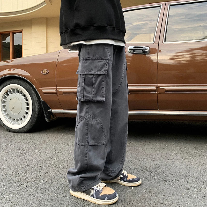 sanyamk Wide Leg Jeans Men Safari Style Washed Vintage Japanese High Street Retro Spring Autumn All-match Full Length Chic