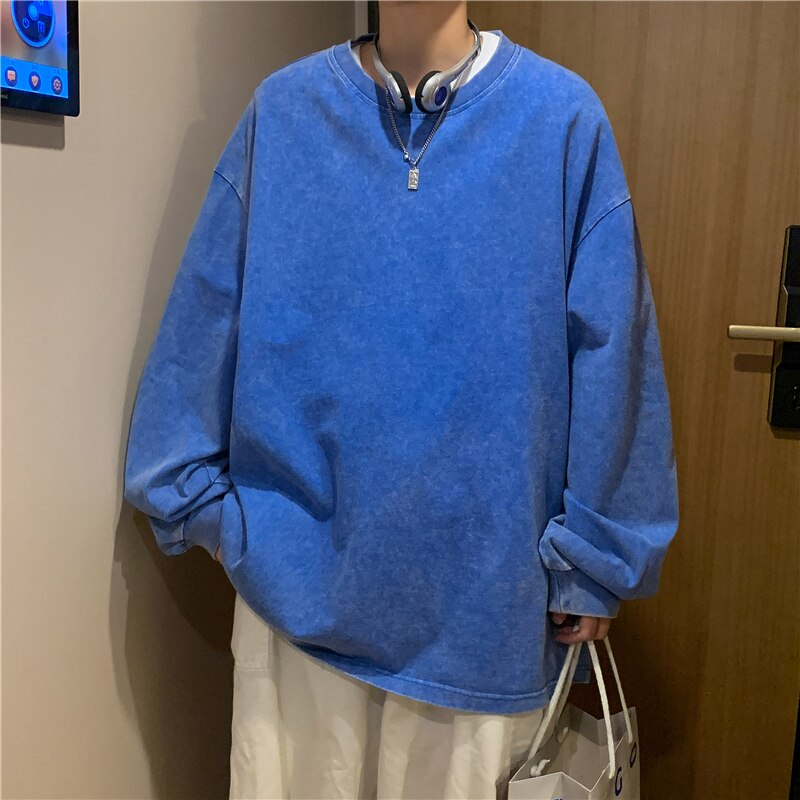 sanyamk Quality Autumn New Men's T-shirt Solid Color O-neck Long Sleeves Pure Cotton Vintage Women Loose T-shirts For Male Casual Tops