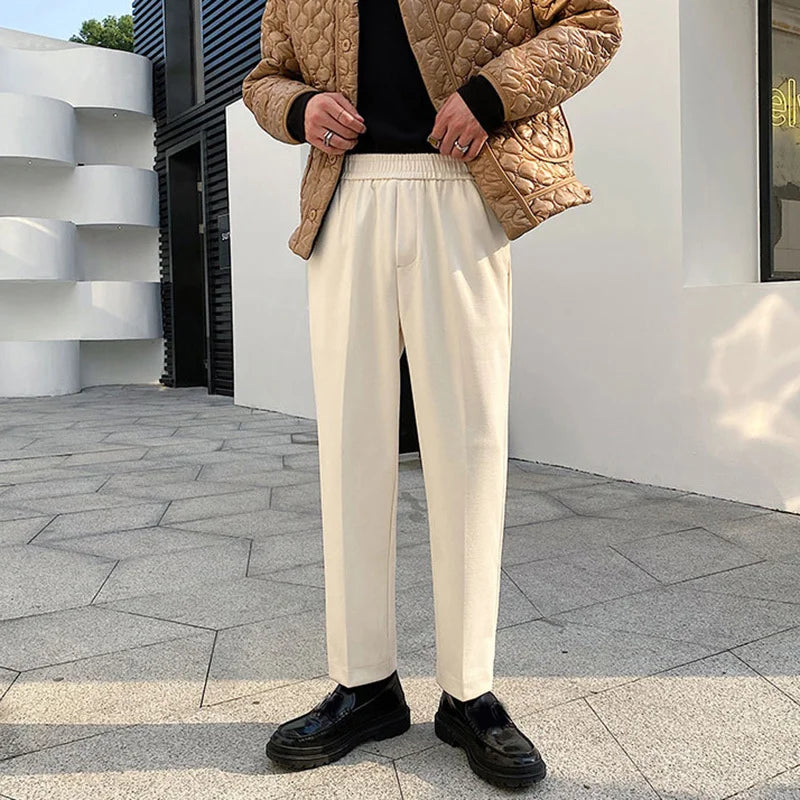 Bonsir - Autumn Elastic Waist Causal Pants For Men Korean Trend Solid Color Dark Pattern Slim Fit Trousers Black Apricot 2Y2313
