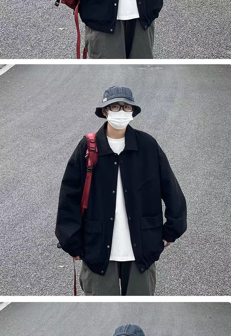 sanyamk Men's Japanese Vintage Lapel Collar Cargo Jackets Work Clothes Harajuku Loose Casual Coats Solid Color Outerwear M-2XL