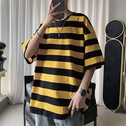 sanyamk - Printing Round Neck Spring Summer T-Shirts Simplicity Striped Handsome Short Sleeve Pullovers Loose Streetwear Men's Clothing