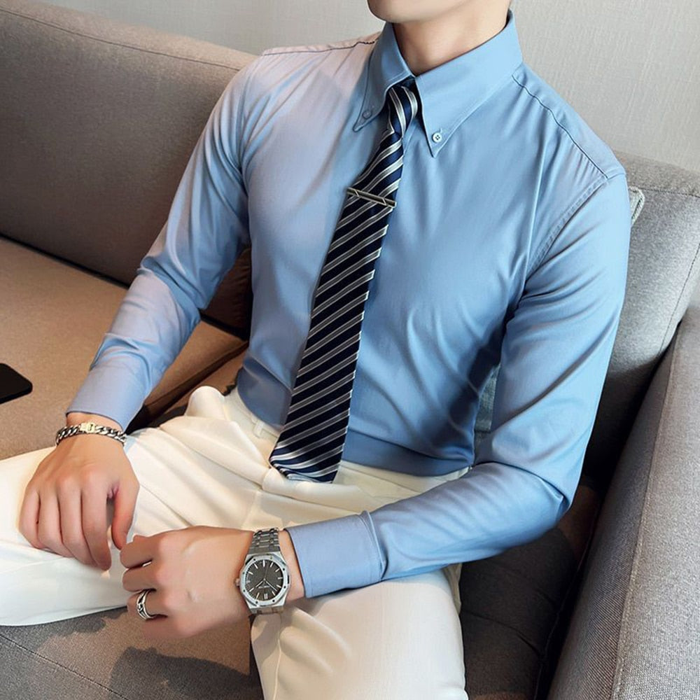 sanyamk Elegant Italian Style Large Collar Suit Shirt Men's Solid Color Long-sleeved Slim-fit Fashion Gentleman Casual Business Suit