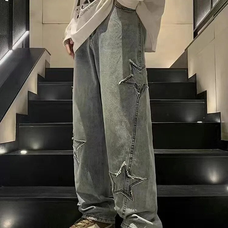 Bonsir American stitching white washed trousers retro street color contrast damaged details loose fashion straight jeans men and women