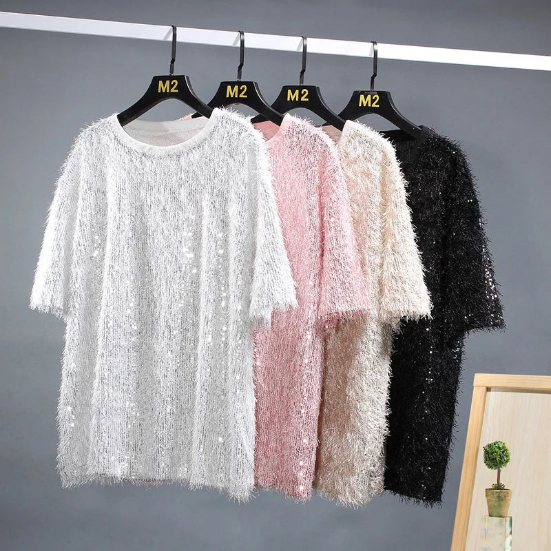 sanyamk - Men Women Sequin Tassels Stage Fashion Show Loose Casual Short Sleeve Tee Shirts Unisex T-shirt Party Clothing Couple Tshirts