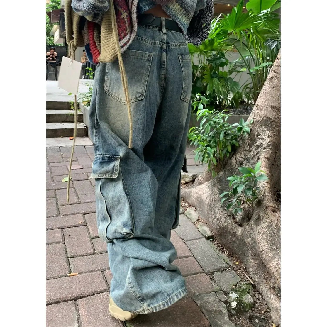 sanyamk American high street retro multi pocket design workwear jeans for men and women loose washed straight leg casual wide leg pants
