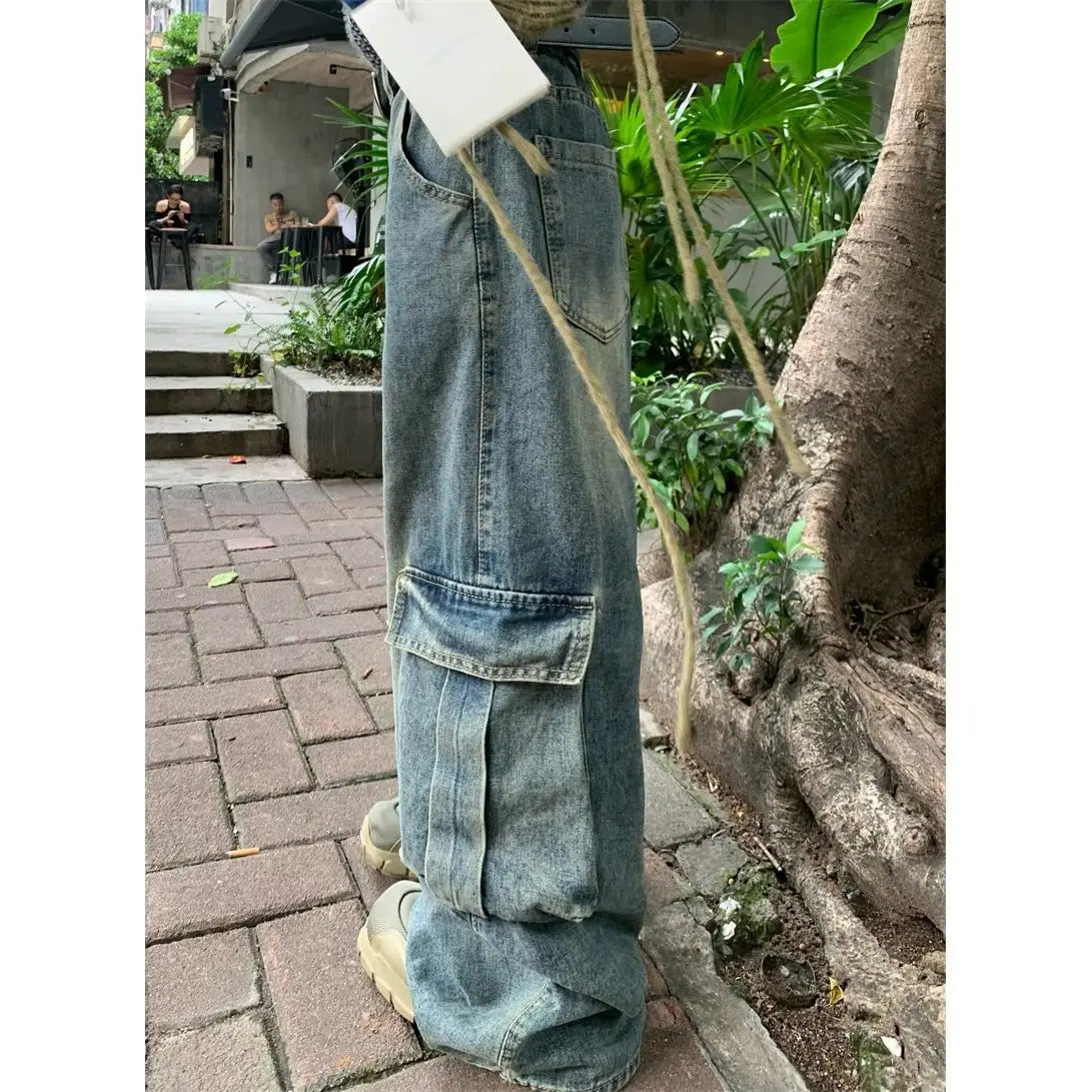 sanyamk American high street retro multi pocket design workwear jeans for men and women loose washed straight leg casual wide leg pants