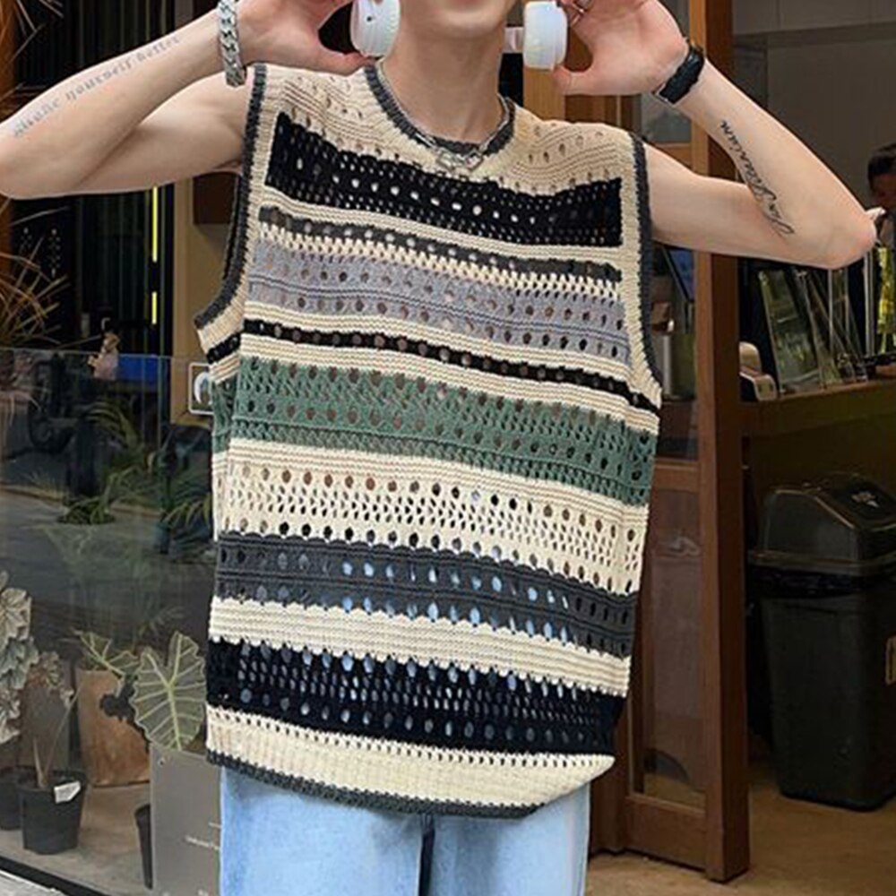 sanyamk Fashion Knitted Vest Y2k Streetwear Trend Hollow Sleeveless Top Men's Striped Contrast Color Loose Tank Tops Genderless Clothing