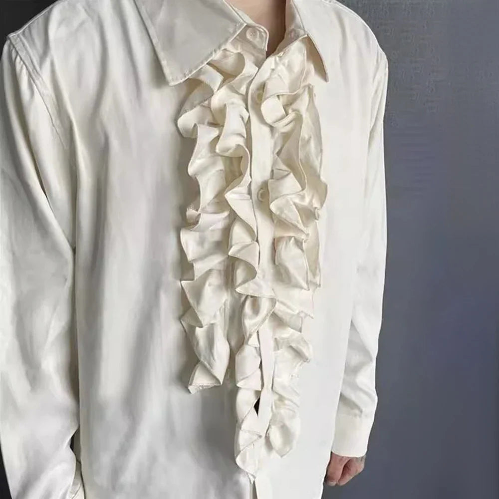 sanyamk Mens Palace Style Ruffled Long-Sleeved Shirt 2024 New Genderless Medieval Pleated Loose Retro Solid Color Stage Clothing Unisex