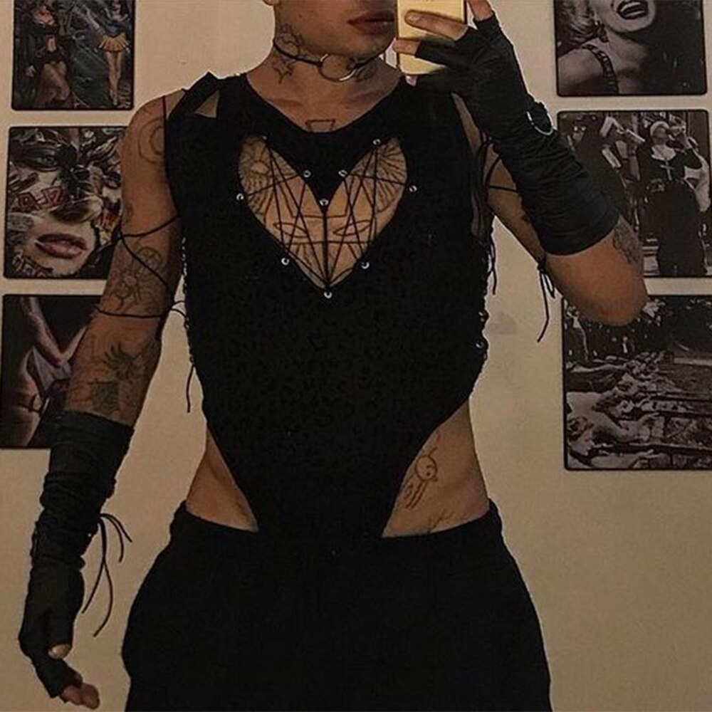 sanyamk Men Bodysuits Hollowout New Sexy Mesh Transparent Lace Up Rompers Sleeveless Playsuit Underwear LGBT Erotic Lingerie Romper